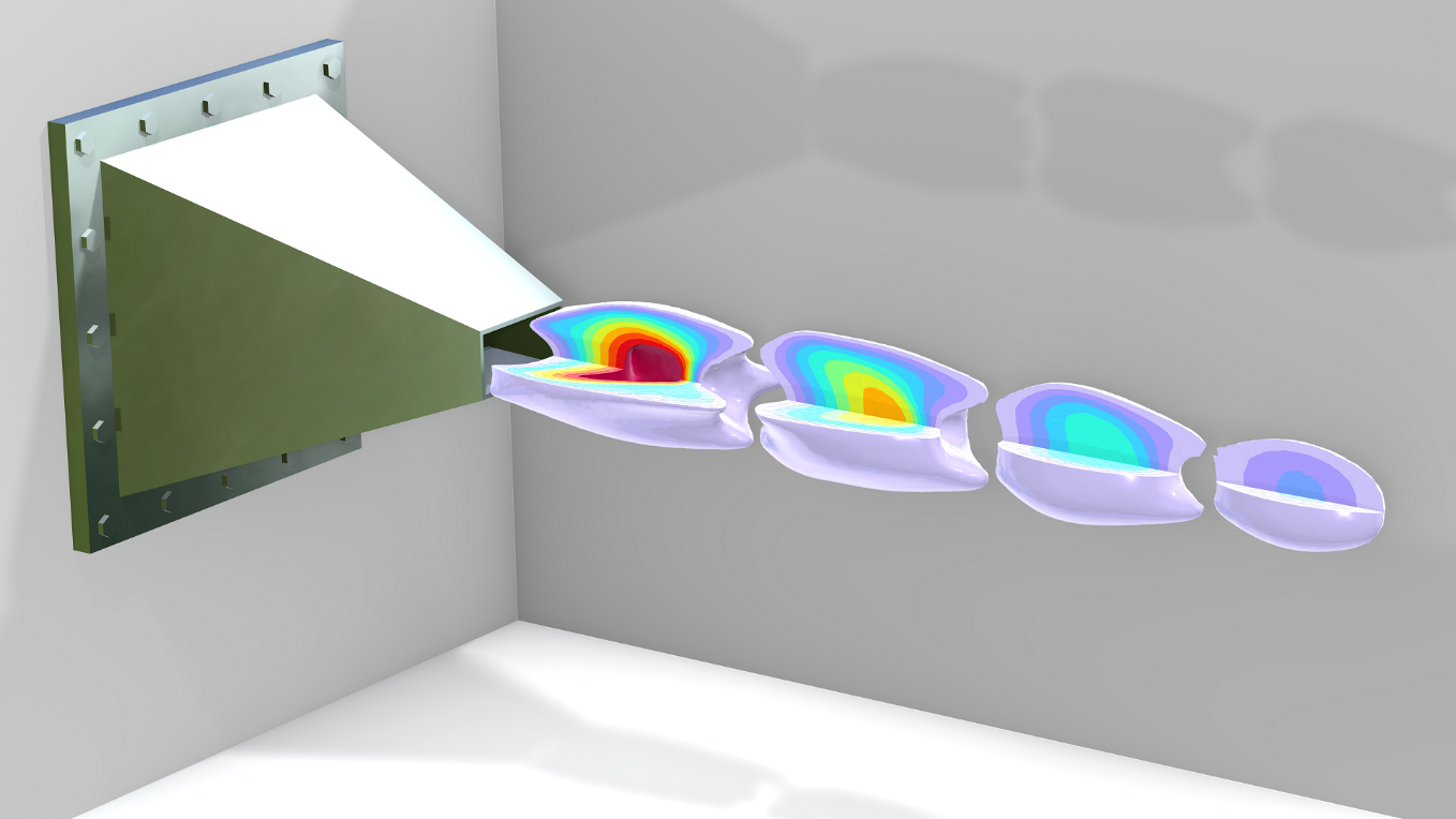  A model of a ramjet nozzle and its flow, shown with isosurface plots in the Prism color table.