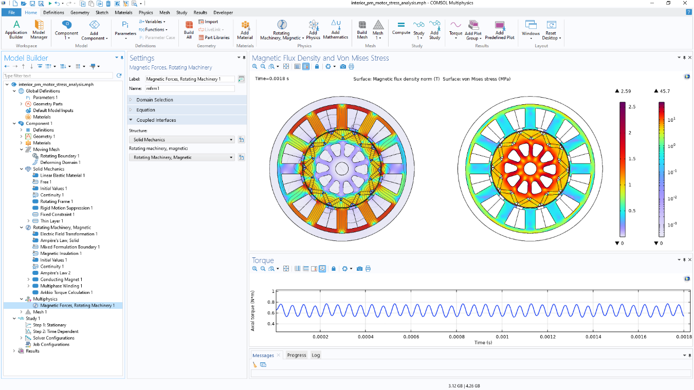 The COMSOL Multiphysics UI showing the Model Builder with the Magnetic Forces, Rotating Machinery node highlighted; the corresponding Settings window; and two Graphics windows showing two motors and a 1D plot, respectively.