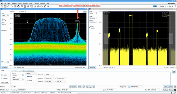 RF spectrum monitoring using a DPX density trigger to capture an unexpected pulse.